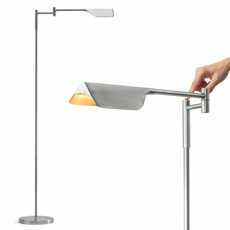 Brightech Leaf Pharmacy LED Reading Lamp, Dimmable Floor Lamp with Easy Adjustable Rotation Over Chair or Desk for Living Room, Work Light for Office, Modern Minimalist Home Decor - Platinum Silver - Image 1